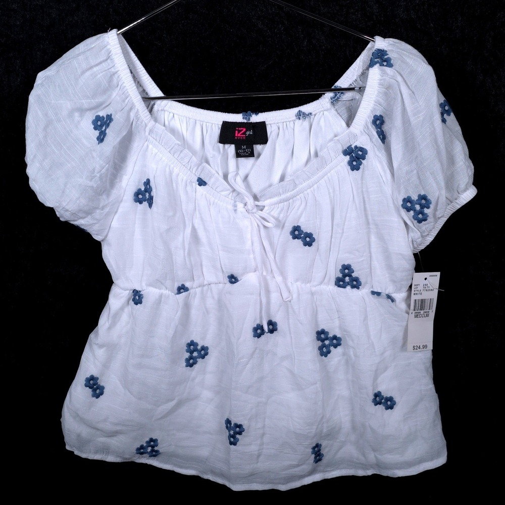 IZ Byer Girl California White Blue Floral Embroidered Babydoll Top Kids M 10-12